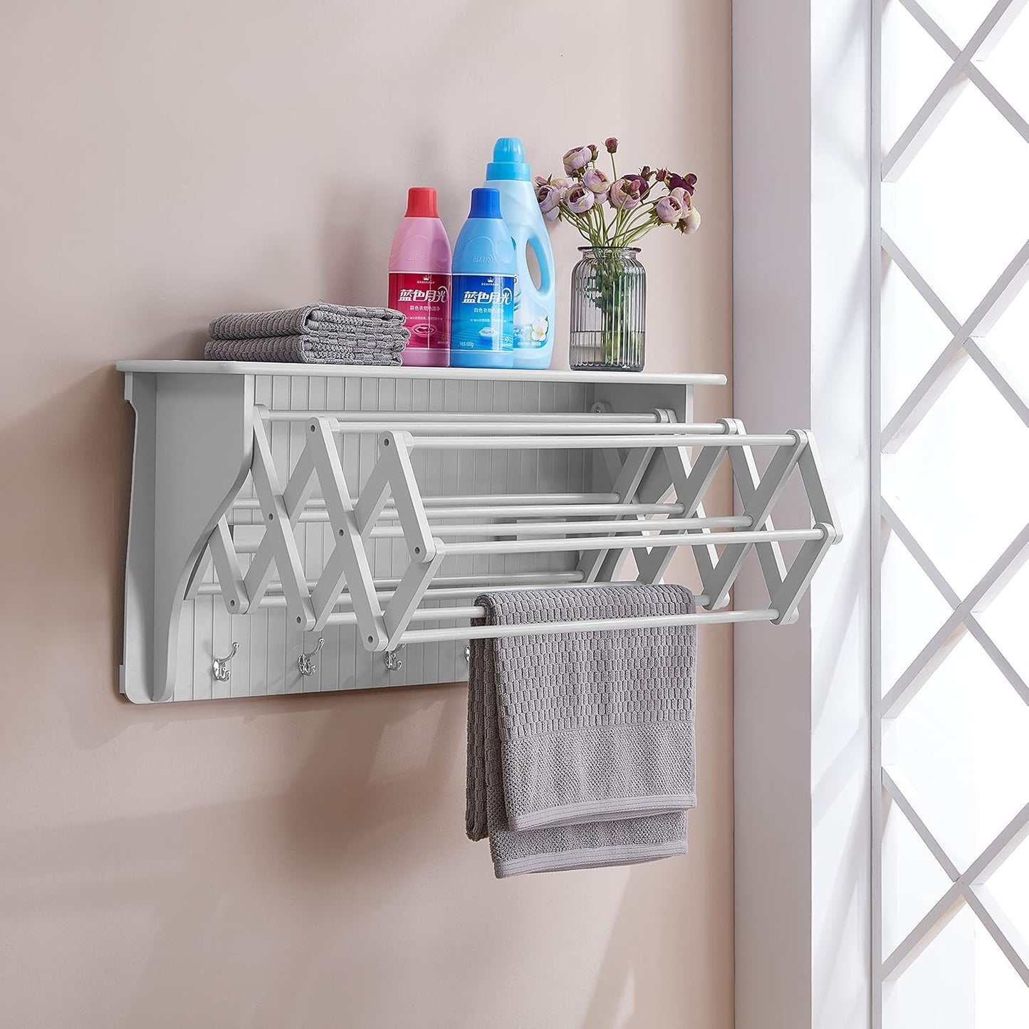 Danya B Accordion Clothes Drying Rack, Retractable, Wall Mounted Towel Rack and Hooks for Clothes and Towels for use in Laundry Room or Garage (White)