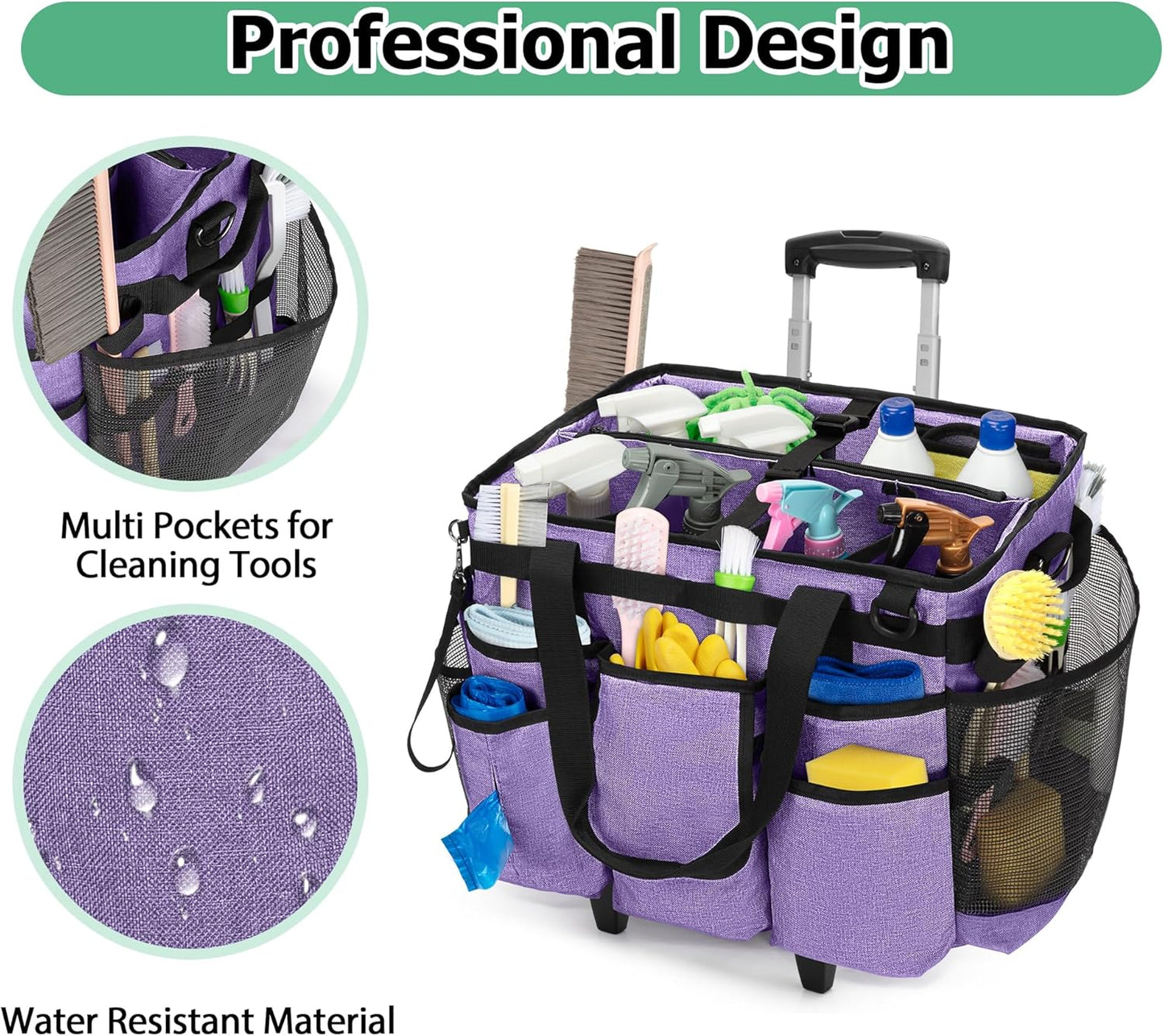 LoDrid Rolling Cleaning Bag with Detachable Trolley, Professional Cleaning Caddy with Shoulder Strap for Housekeepers, Portable Cart on Wheels for Supplies, Purple (Patent Design)