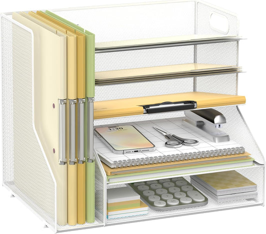 SUPEASY Desk Organizer with File Holder, 5-Tier Mesh Paper Letter Tray with Magazine Holder, Desktop Organizer and Storage for Desk Accessories Office Supplies, White
