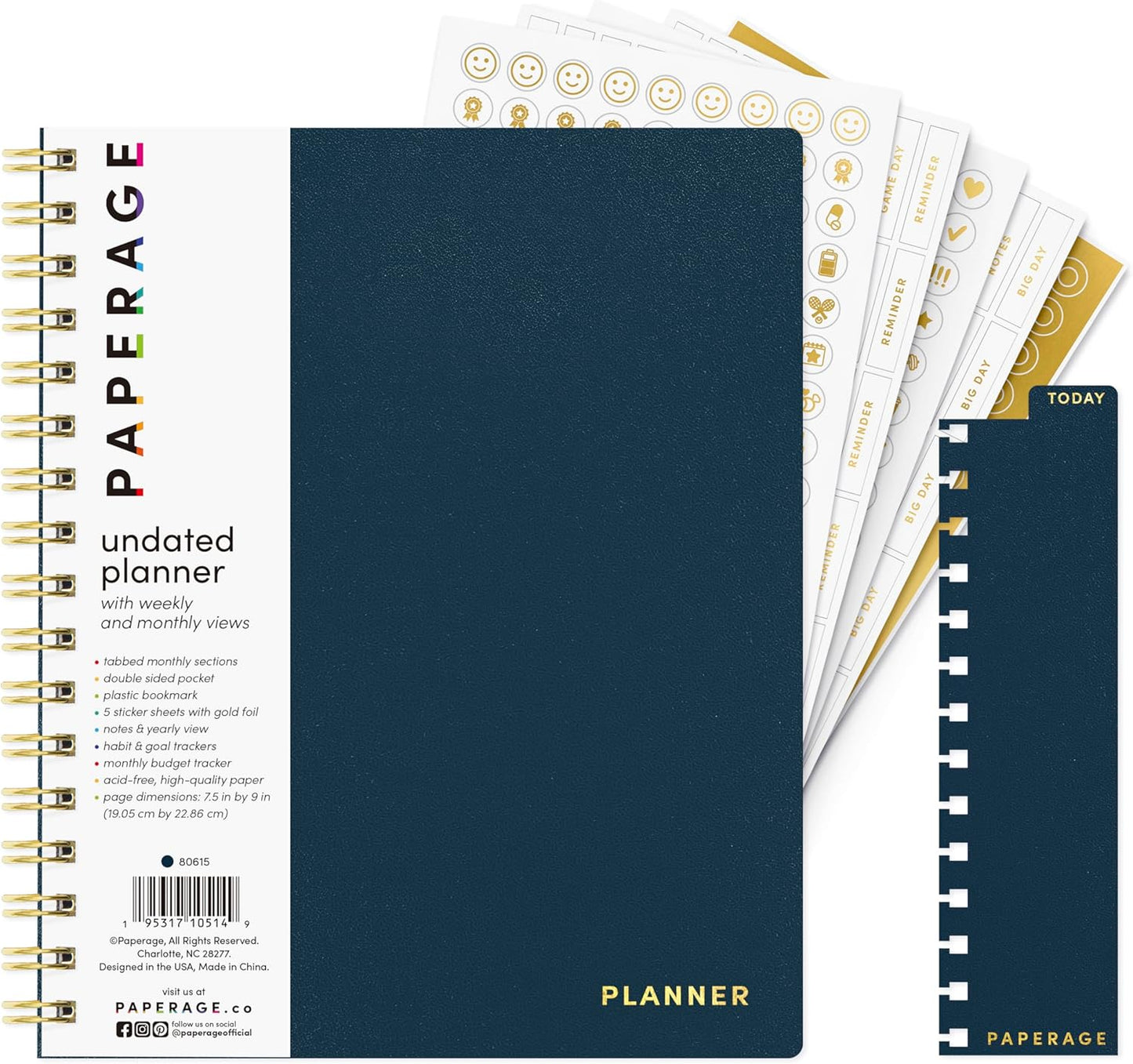 PAPERAGE Undated 12 Month Weekly & Monthly Planner with Durable Cover & Spiral Binding, 7.5 in x 9 in, Productivity Planner with Note Pages, Goals & Budget Trackers, Stickers & Bookmark (Navy)