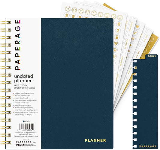PAPERAGE Undated 12 Month Weekly & Monthly Planner with Durable Cover & Spiral Binding, 7.5 in x 9 in, Productivity Planner with Note Pages, Goals & Budget Trackers, Stickers & Bookmark (Navy)