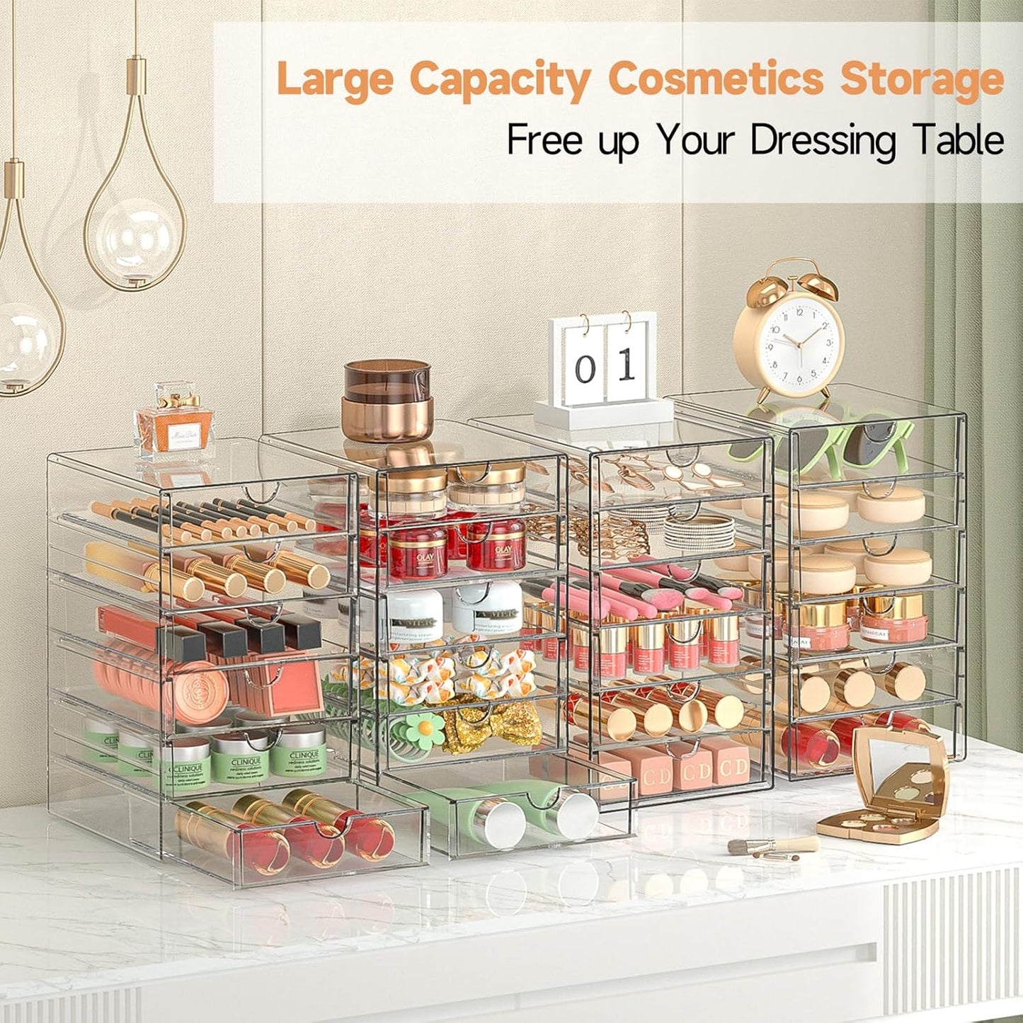 Makeup Drawer Storage Organizer with 24 Drawers, 4 Set Acrylic Office Desk Organization and Storage, Dustproof Drawer Organizer for Makeup, Office, Countertop, Jewelry, Pen, Desktop, Bathroom, Bedroom