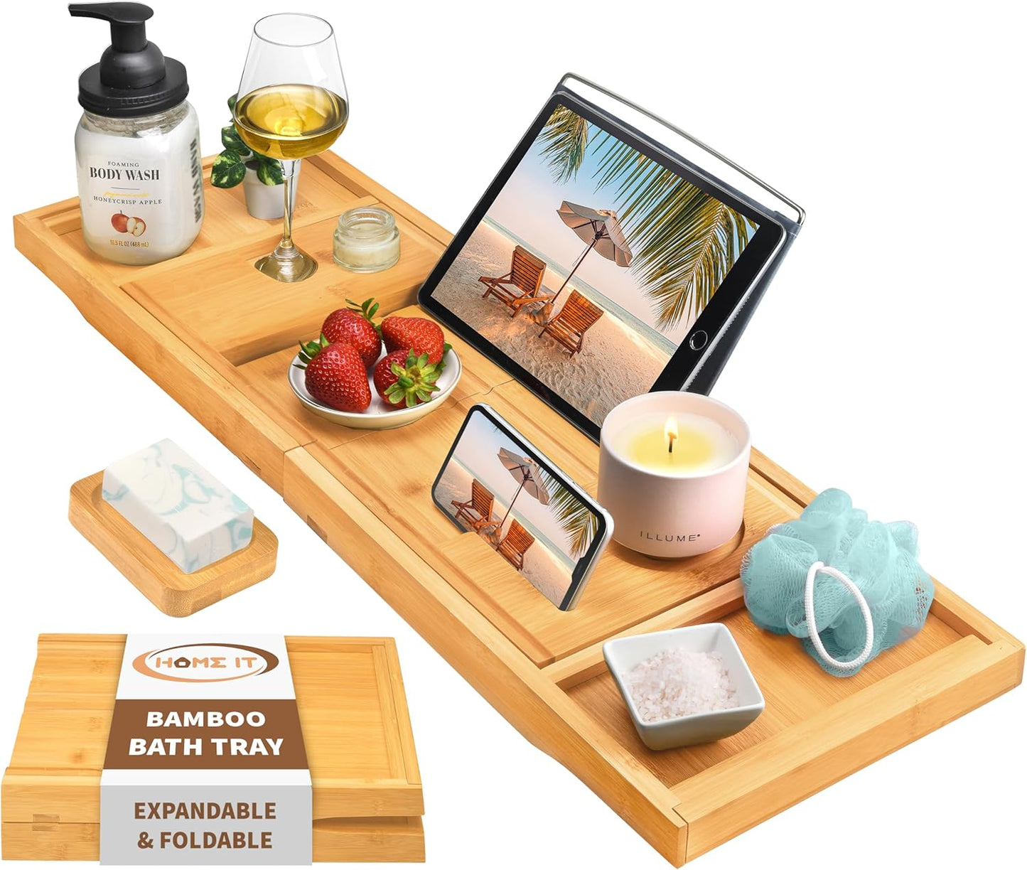 Home It Premium Foldable Bathtub Tray - Bamboo Waterproof Bath Tray for tub Caddy - Wooden Holder for Wine, Book, Soap, Phone, Luxury Gift for Men & Women - Expandable, Fits Most Tubs in Bathroom
