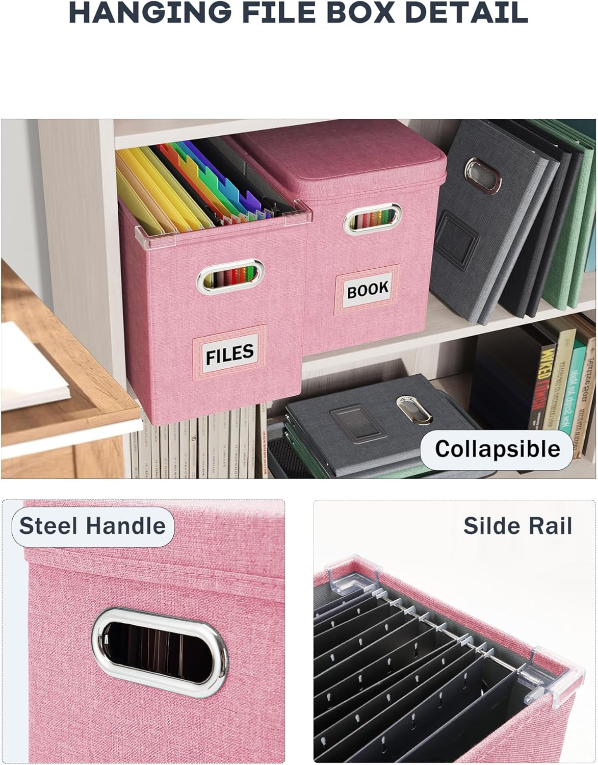 Oterri File Organizer Box with Lid, Hanging Filing File Box with Mesh Pocket, Document Organizer Box for Letter Files, Portable Storage Box with Smooth Sliding Rail for Office&Home (1 PCS, Pink)
