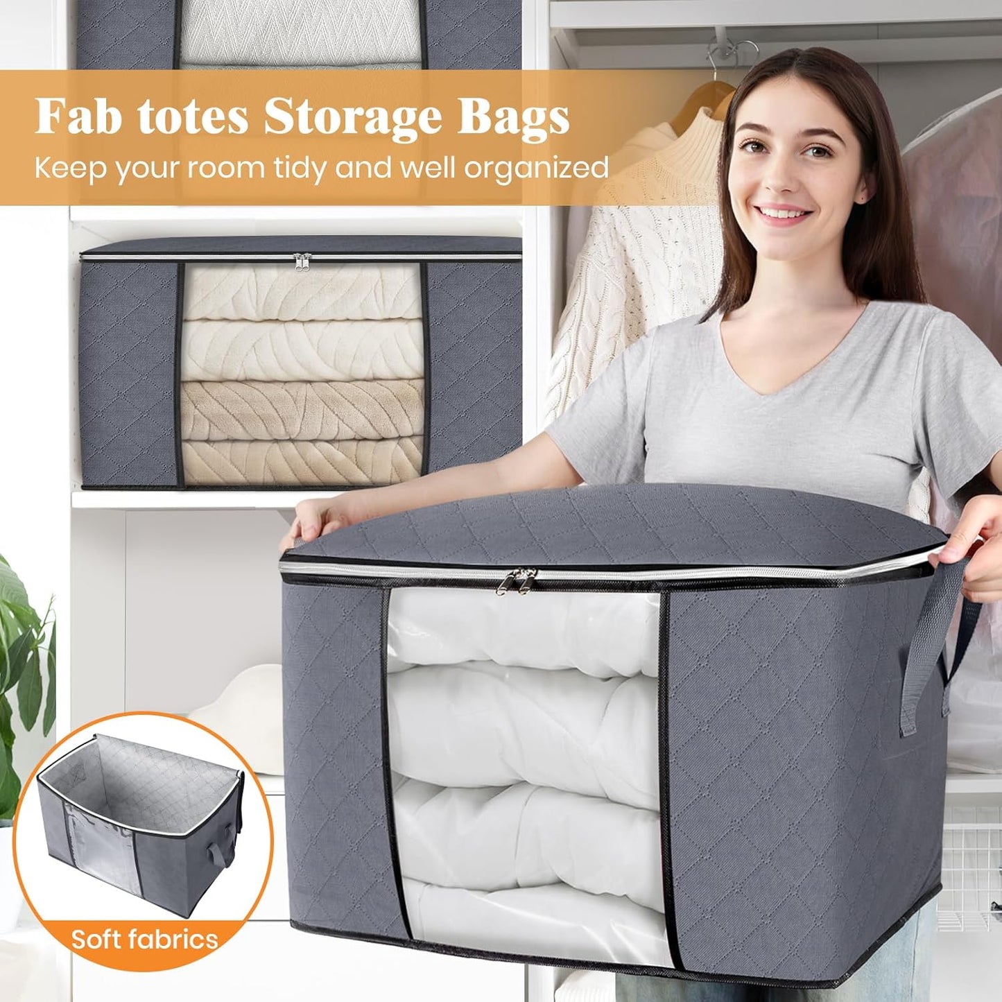 Fab totes 24 Gallons Clothes Storage, Foldable Thick Fabric Blanket Storage Bags, Containers for Organizing Bedroom, Closet, Clothing, Comforter, Organization with Handle (10 Pack,Grey)