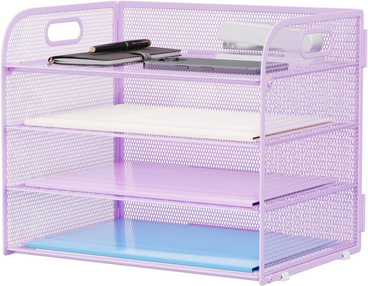 Marbrasse 4 Tier Paper Organizer Letter Tray - Mesh Desk File Organizer with Handle, Paper Sorter Organizer for Letter/A4 Office File Folder Holder (Purple, 12.6" x 9.1" x 10.7")