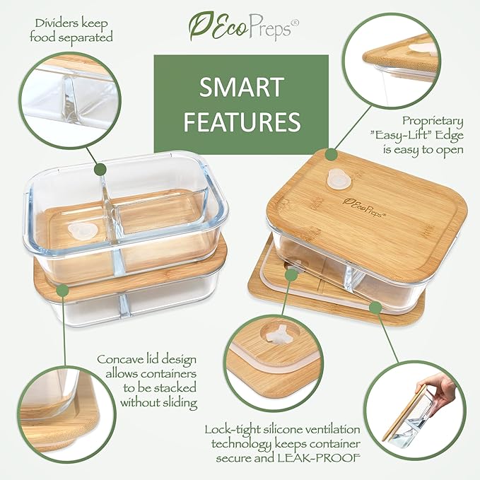 Glass Bento Box Containers with Bamboo Lids, 3 Compartment Glass Meal Prep Containers (3 Pack) - 100% Plastic Free, Eco-Friendly Lunch Container Set, Bamboo Lid Bento Boxes for Adults