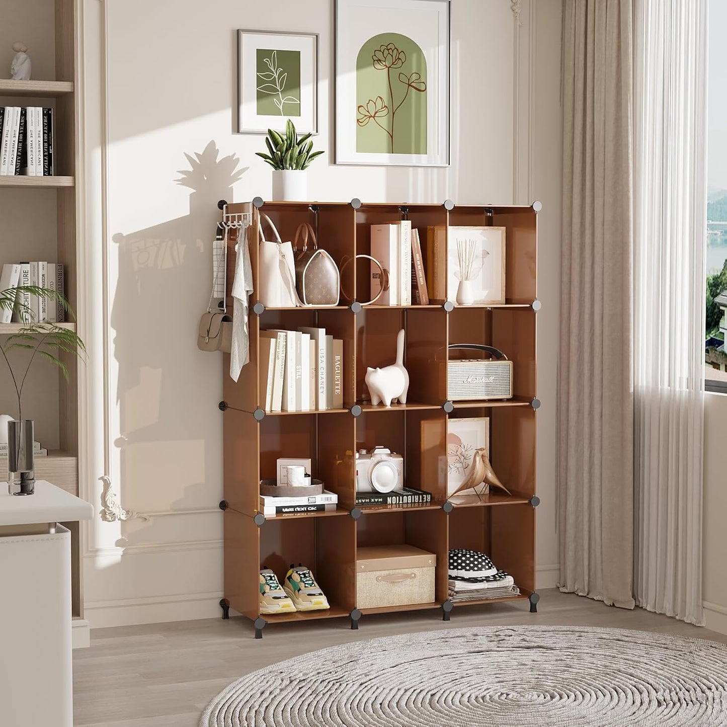 AWTATOS Cube Storage Organizer, Storage Cubes Shelves Bookshelf, 12 Cube Closet Organizers and Storage, DIY Stackable Plastic Clothes Organizer Shelving for Bedroom, Home, Cocoa Brown