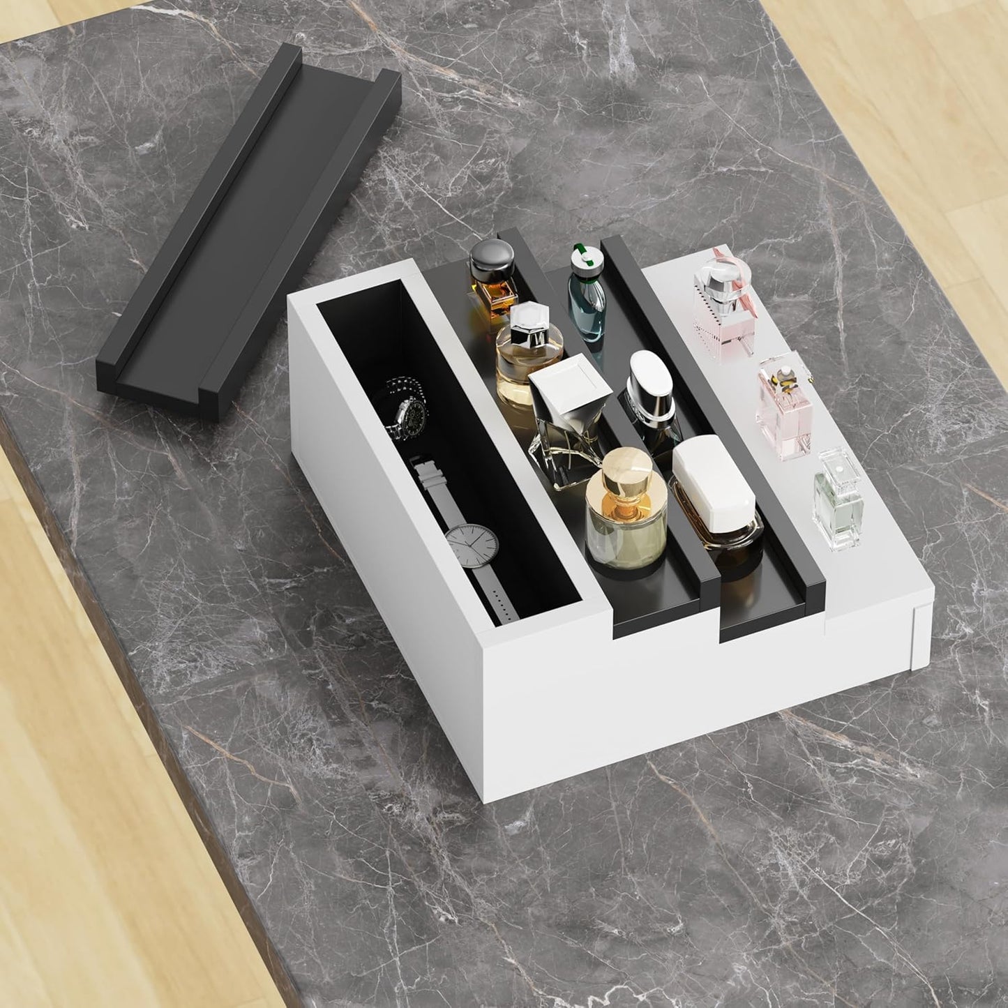 Blisse Cologne/Perfume Organizer, 4-Tier Storage Drawer with Hidden Compartments, Soft-Lined Display Case (White with Black)