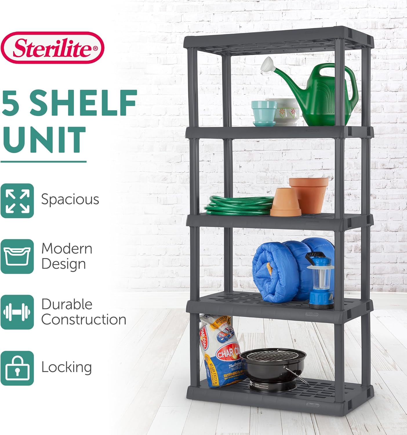 Sterilite 5 Shelf Unit, Heavy-Duty Shelving Storage Rack for Home and Garage, Gray - Multipurpose Plastic Organizer Shelves for Smart Organization