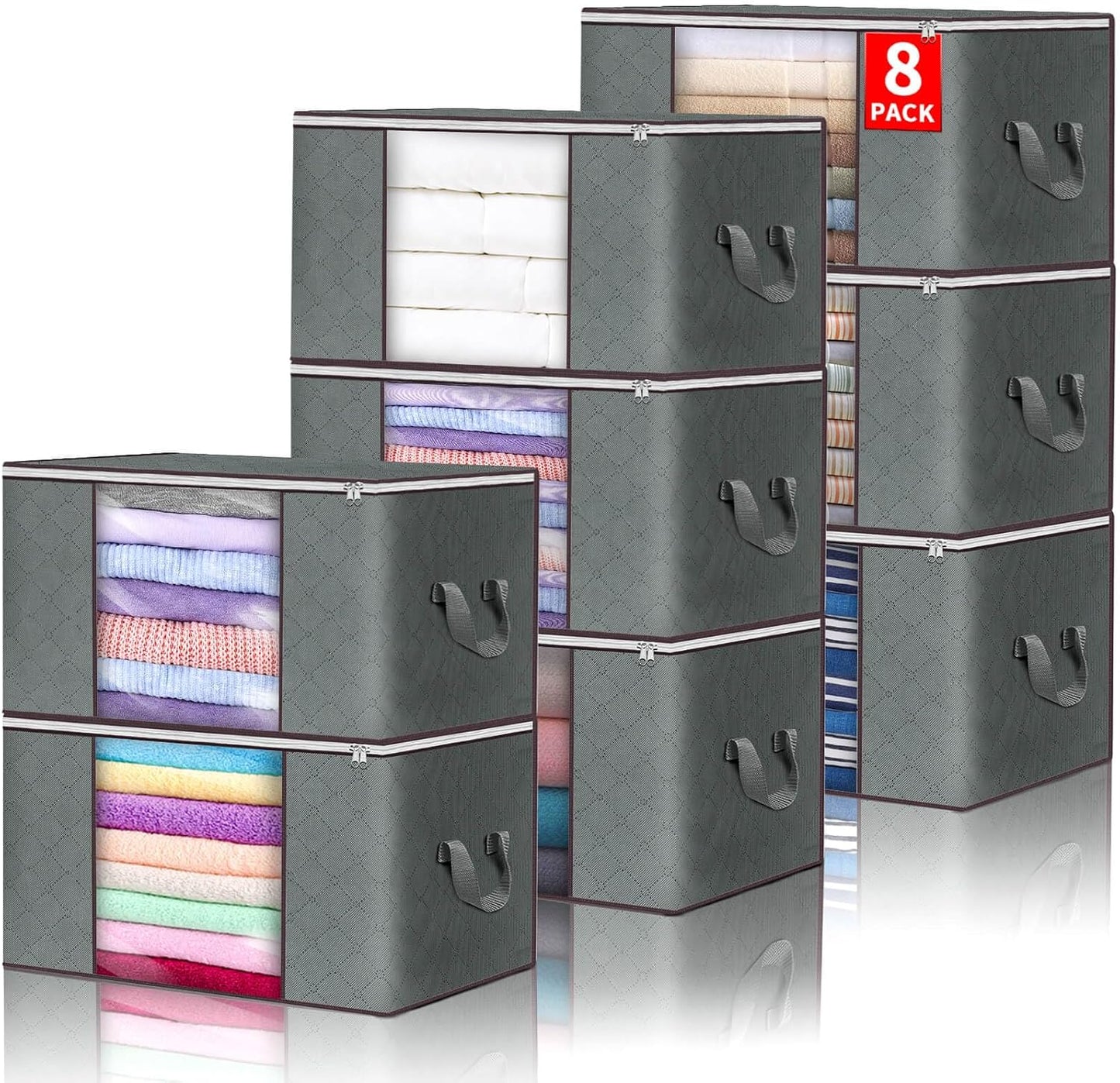 Budding Joy Clothes Storage, Foldable Large Blanket Bags, Storages and Organization for Clothing, Blanket, Comforter, Clothes, Pillows, Toys, Closet Organizers with Enhanced Handle, 60L 8 Pack