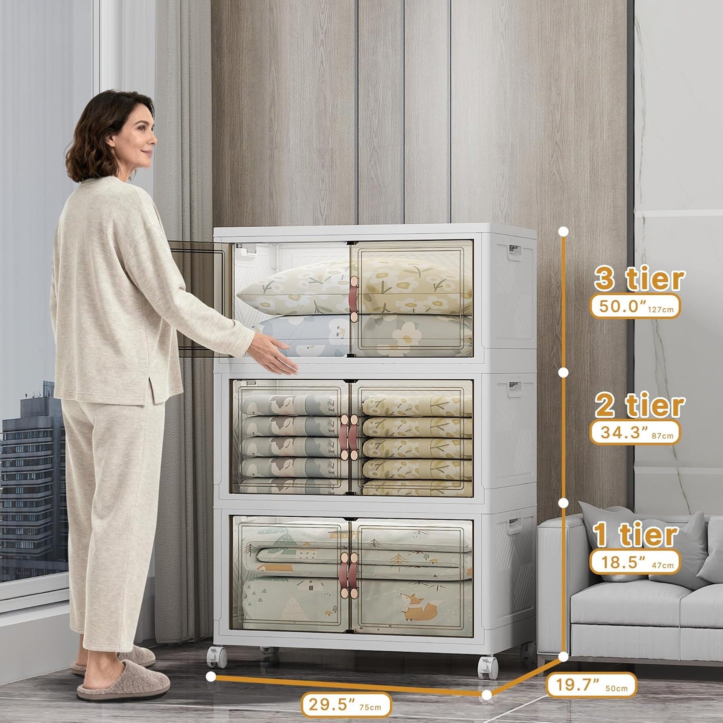 Extra Large Stackable Storage Bins with Lids & Wheels & Door, 960QT-160QT/40GAL*6Pack Foldable Collapsible Closet Organizers, Plastic containers drawers for bedroom Dorm