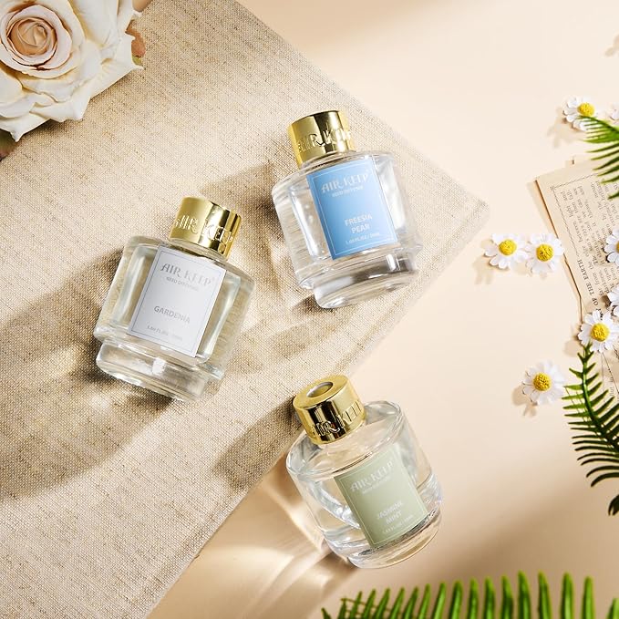 Airkeep Reed Diffuser Set of 3, Jasmine Mint Gardenia Freesia Pear Oil Reed Diffusers for Bedroom Living Room Office Aromatherapy Oil Reed Diffuser for Gift 50ml x 3