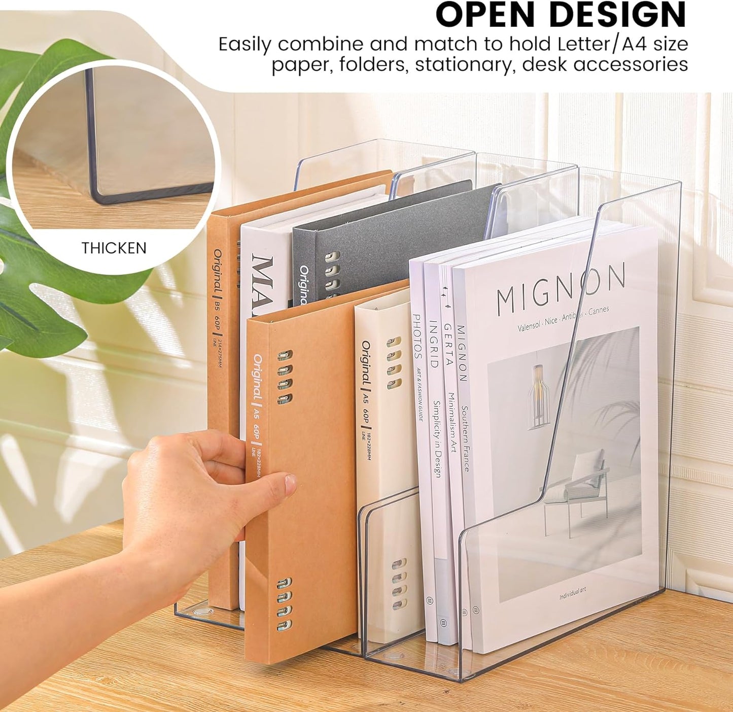 Vertical File Holder, PET Desk Organizer, Multi-purpose Plastic Document Storage Bins for Magazines, Binders, Notebooks, Envelopes, 2 Pack