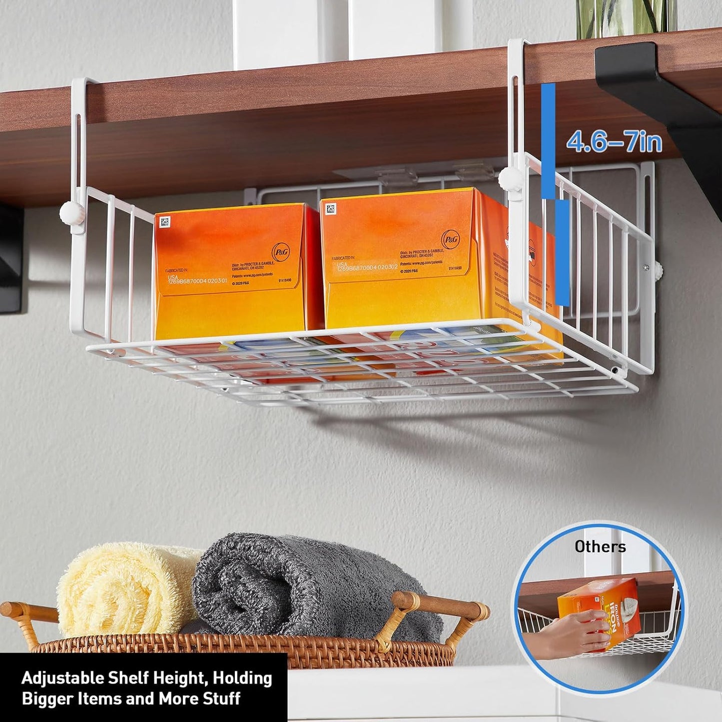 2 Pack Hanging Under Shelf Storage Basket,Adjustable Under Cabinet Add-on Storage Racks Slide-in Baskets Organizer for Laundry Room Kitchen Pantry Desk Bookshelf, White