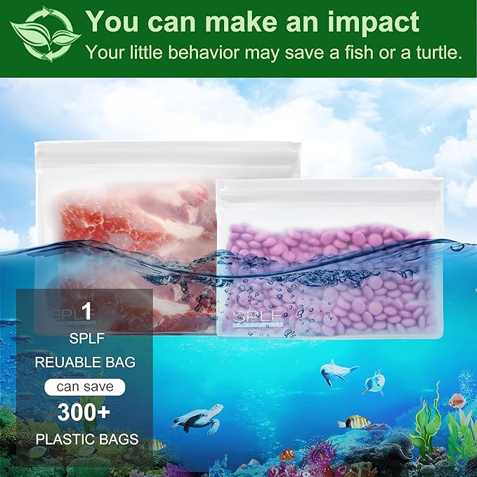 SPLF 6 Pack Reusable Half Gallon Freezer Bags, Reusable Food Storage Bags, Bpa Free Stand Up Extra Thick Leakproof Silicone and Plastic Free Zipper Sandwich Snack Lunch Bags