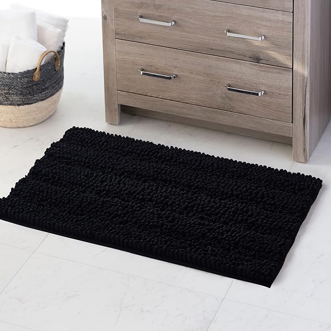 KGORGE Non Skid Bathroom Rugs - Easy Wash Absorbent Thick Shaggy Quick Dry Dirt Resistance Floor Mats for Kitchen Shower Tub Black Small Bath Mat, 20" W x 32" L, 1Pc