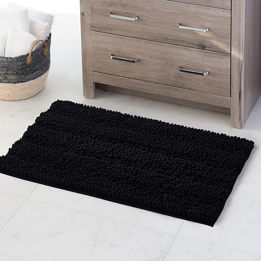 KGORGE Non Skid Bathroom Rugs - Easy Wash Absorbent Thick Shaggy Quick Dry Dirt Resistance Floor Mats for Kitchen Shower Tub Black Small Bath Mat, 20" W x 32" L, 1Pc