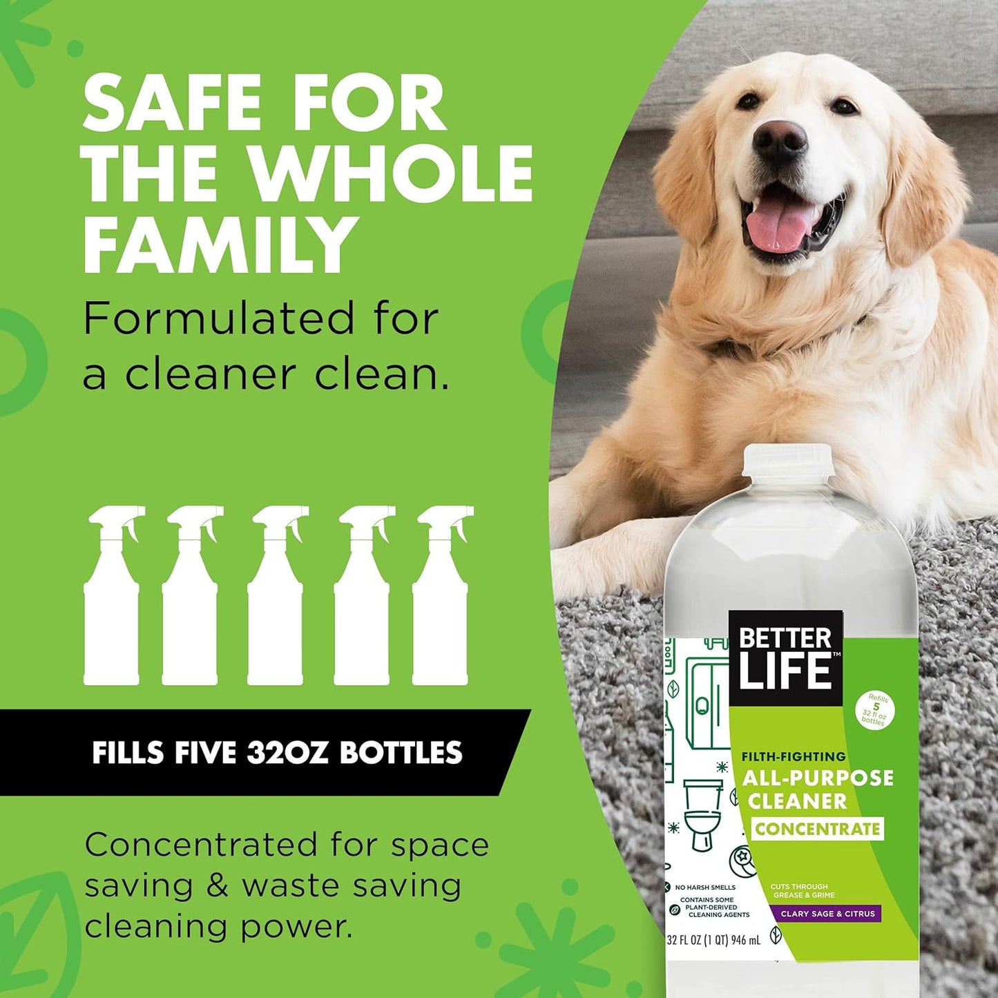 Better Life All Purpose Cleaner Concentrate- Multipurpose Home and Kitchen Cleaner for Glass, Countertops, Appliances, Upholstery & More - 32oz Clary Sage & Citrus Concentrate