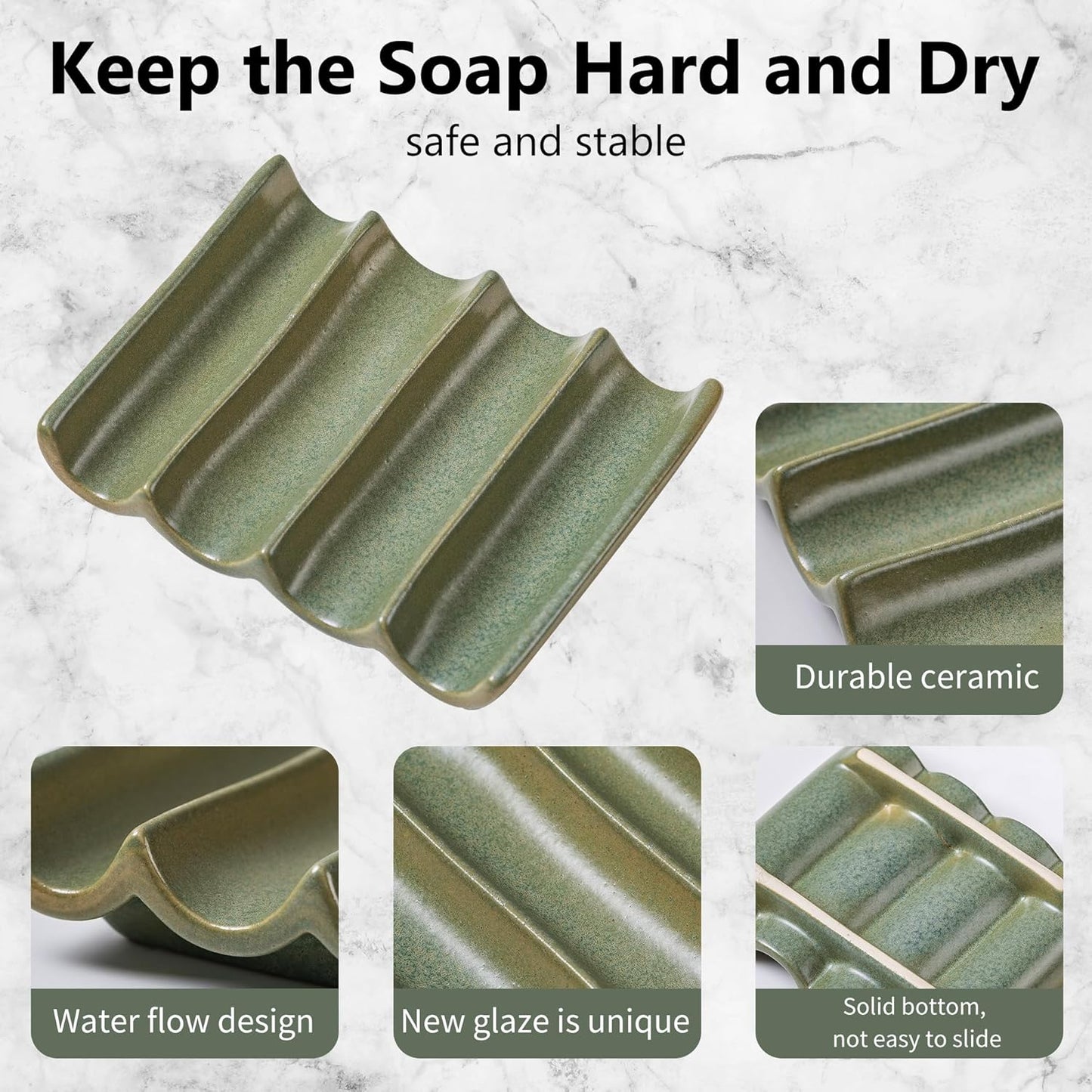 Ceramic Soap Dish, Draining Bar Soap Holder Tray, Soap Saver for Shower, Bathroom, Sink, Kitchen and Countertop, Decorative Square Soap Dish, Green 1 Pcs