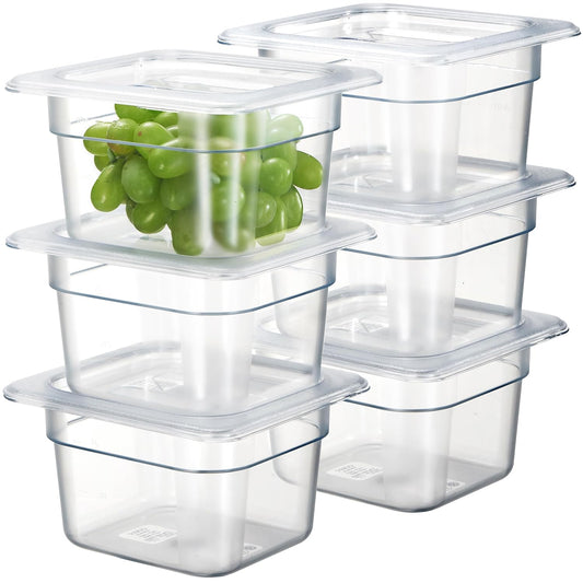 CURTA 6-Pack 1/6 Size 4" Deep NSF Polycarbonate Food Pans with Handled Lids & Drain Trays | Dishwasher & Freezer Safe Clear Container for Prep Tables, Buffet, Salad Bar, Commercial Kitchen