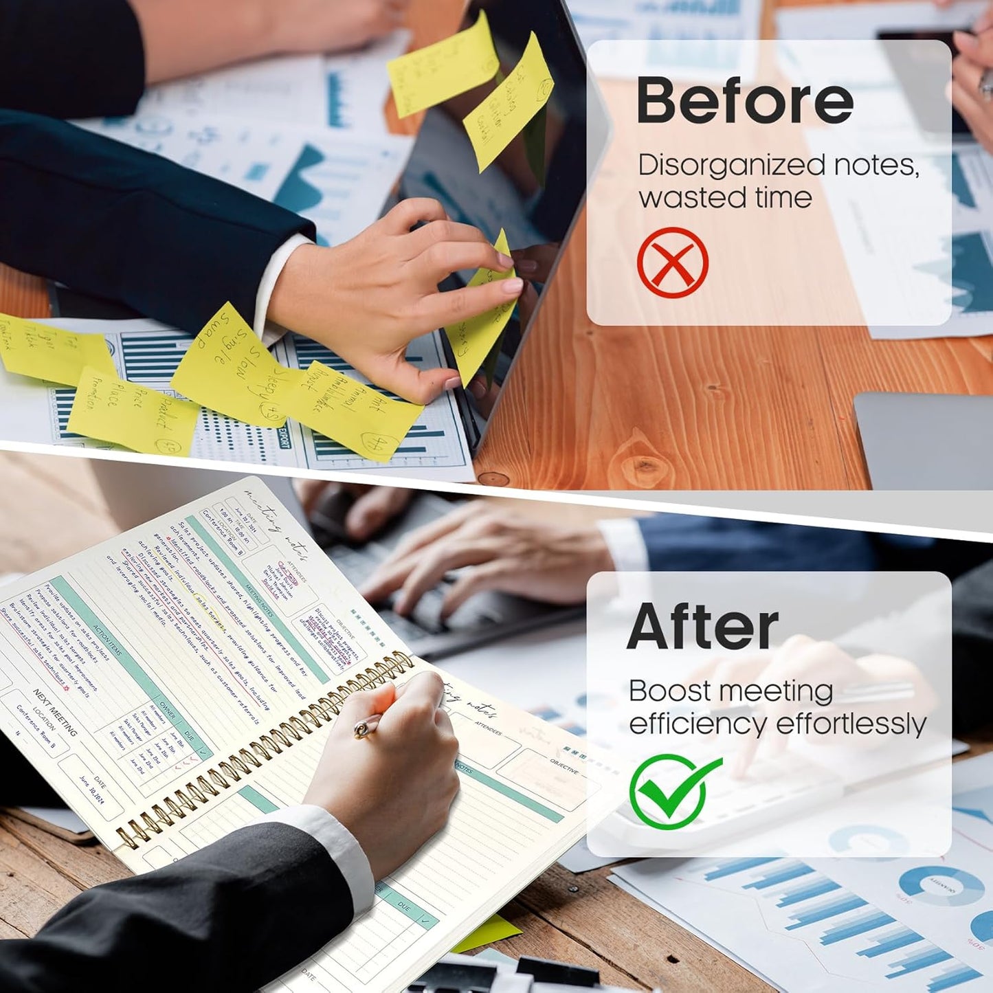 Taja Meeting Notebook for Work Organization - Work notebook with action items, Meeting Minutes Planner Notebook, Perfect Office Supplies for Men & Women - Beige