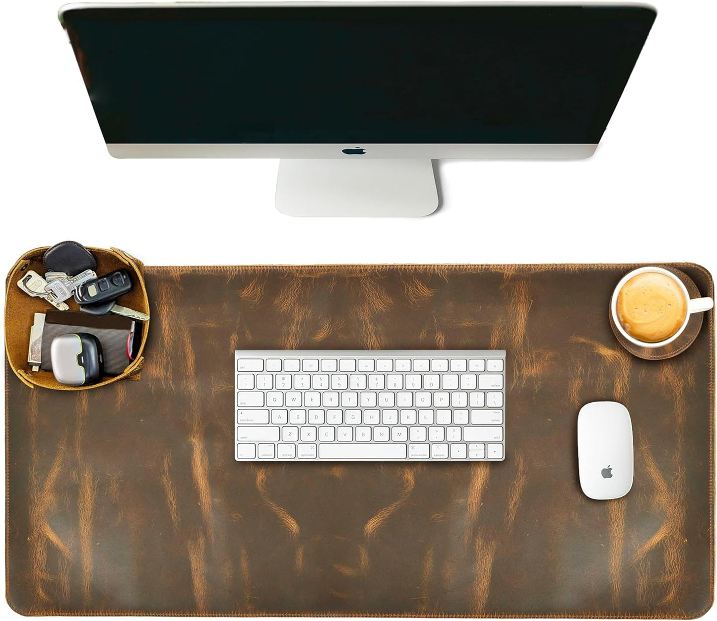 LEATHER VILLAGE -32X16 Real Leather Desk Mat for Desktop & Laptop, with Leather Tray & Tea Coaster, 3mm Thick Desk Cover-Protector-Blotter- Brown Color