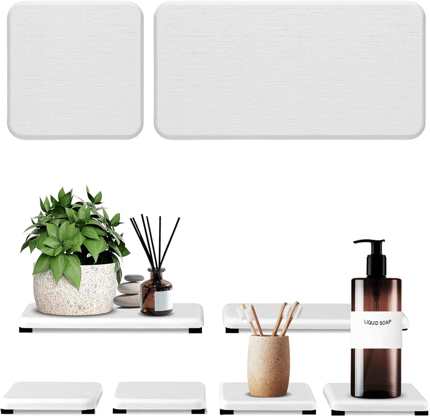 6PCS Fast Drying Diatomite Bathroom Tray, Water Absorbent Diatomite Coasters, Soap Dish Holders Toothbrush Holders for Bathroom Counter, Water Absorbing Stone Sink Organizer for Bathroom and Kitchen