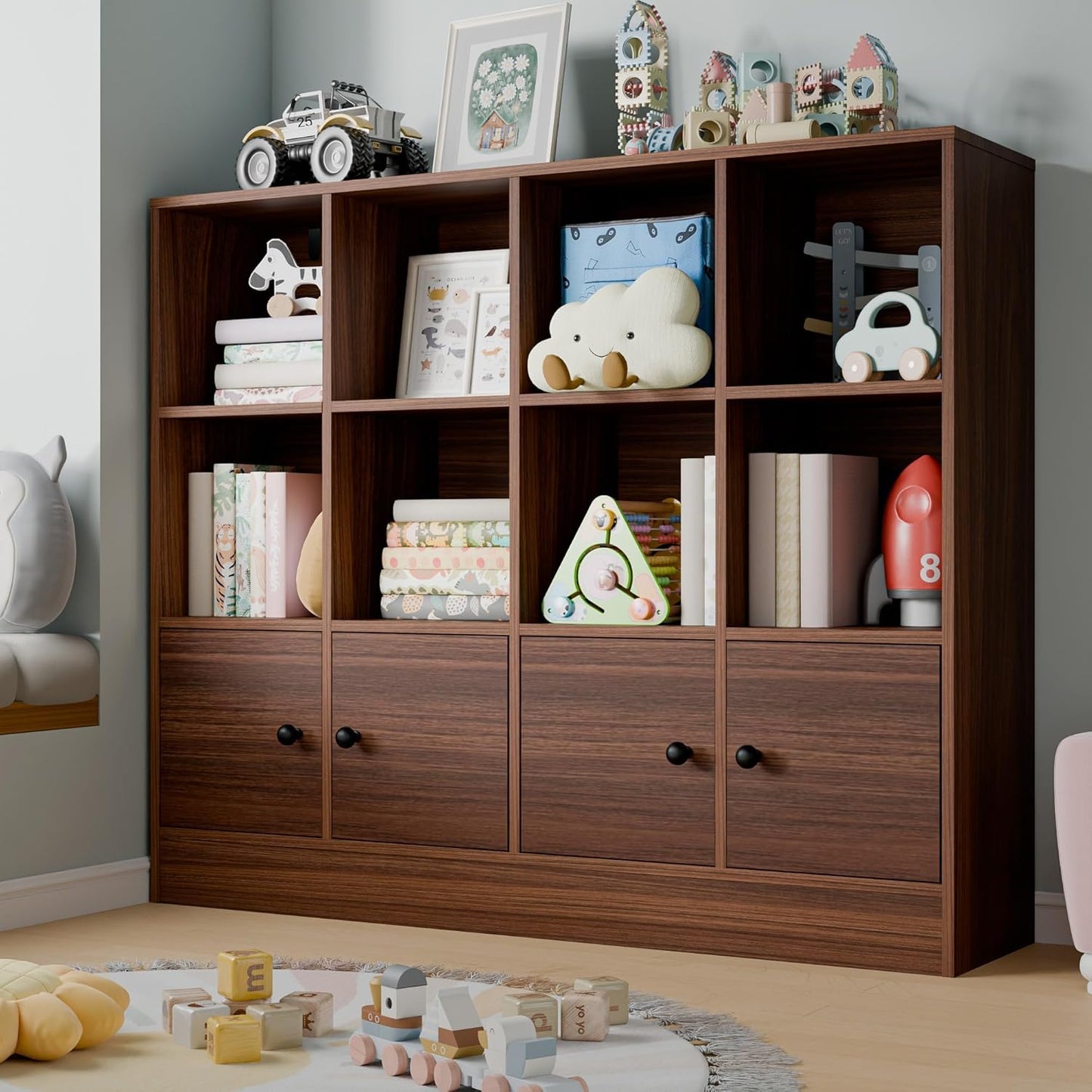 Cozy Castle Brown Wood Bookcase,12 Cube Storage Organizer Bookshelf with 4 Doors,3 Tier Storage Cabinet with Adjustable Shelves for Bedroom, Living Room, Office