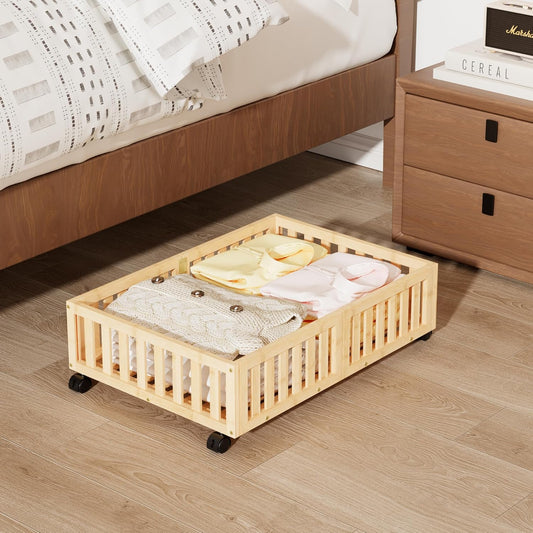 Bamboo Under Bed Storage with Wheels Rolling Underbed Shoe Organizer Box for Shoes, Blankets, Toys, Clothes Container Space-Saving Organizer Bins for Bedroom, Closet, Dorm, Nursery