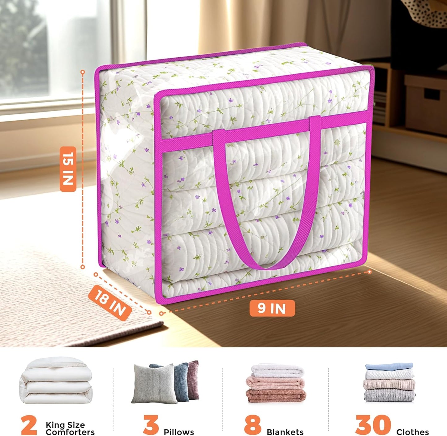 Budding Joy Clear Zippered Storage Bags for Clothes,40L Closet Organizers and Storage Containers Vinyl Moving Bag for Bedding, Linen, Blankets, Comforters, Clothing & Toys