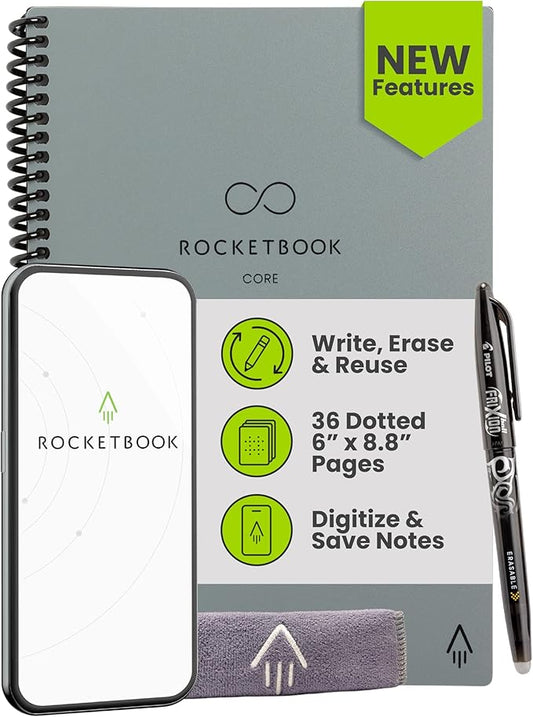 Rocketbook New Core Reusable Spiral Notebook, Executive Size 6x8.8, Gray - Dotted Pages, App-Connected, Erasable, Durable Cover, Ideal for School, Work, and Creative Projects