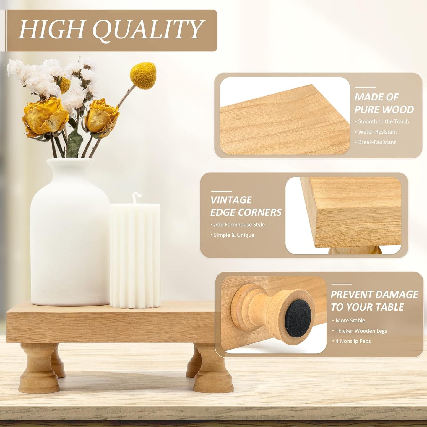 EOSAHR Modern Farmhouse Wood Riser for Display : Decorative Pedestal Stand for Home & Kitchen Decor and Retro Soap Stand for Sink - Rustic Bathroom Counter Tray and Countertop Organizer (Light Brown)