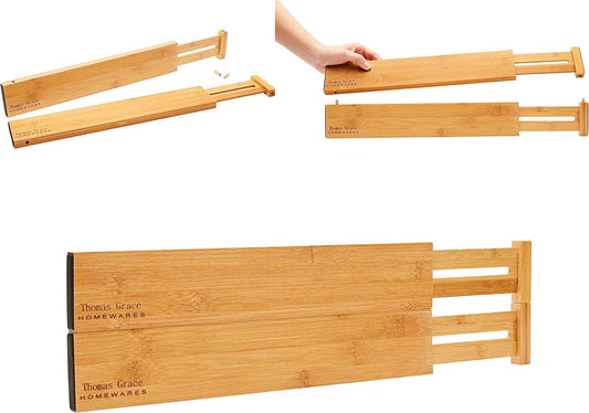 Bamboo Kitchen Drawer Organizer Divider Stackable for Deep Drawers. (Set-of- 4) Spring Loaded Dividers that are Expandable & Adjustable. Kitchen Organizer.
