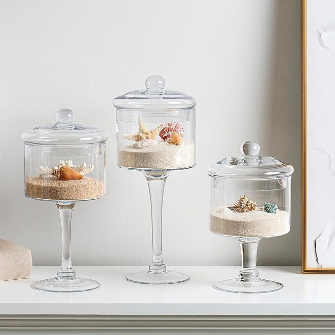 MyGift 3-Piece Clear Glass Apothecary Candy Jar Set with Lids – Decorative Party Display Containers for Wedding Centerpieces, Dessert Tables, Kitchen Counter Storage, and Bathroom Décor