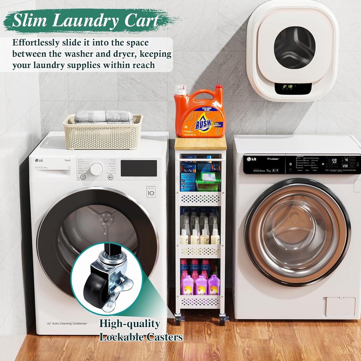 Utility Slim Storage Cart, 4-Tier Narrow Bathroom Organizers and Storage Cart, Narrow Metal Kitchen Laundry Room Organization Shelf with Wood Top, Slim Rolling Carts with Wheels for Small Space