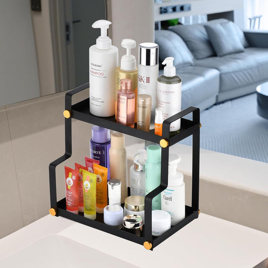 FFK 2 Tier Countertop Organizer, Cosmetic Organizer, Storage Shelf for Cabinet, Countertop, Pantry, Desktop, Ideal for Bathroom, Kitchen, Office (Black)