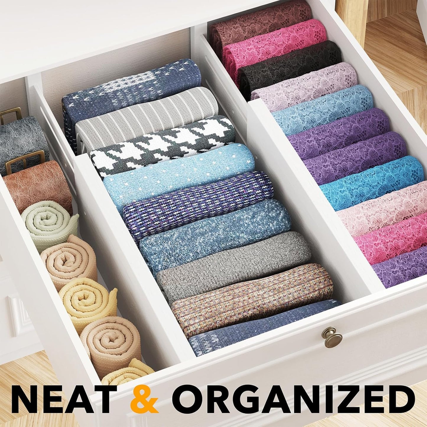 SpaceAid Bamboo 4 Pack Dresser Drawer Dividers, 4.65“ High Adjustable 12.5“-17” Drawer Organizers, Expandable Organization for Clothing, Clothes, Dressers, White