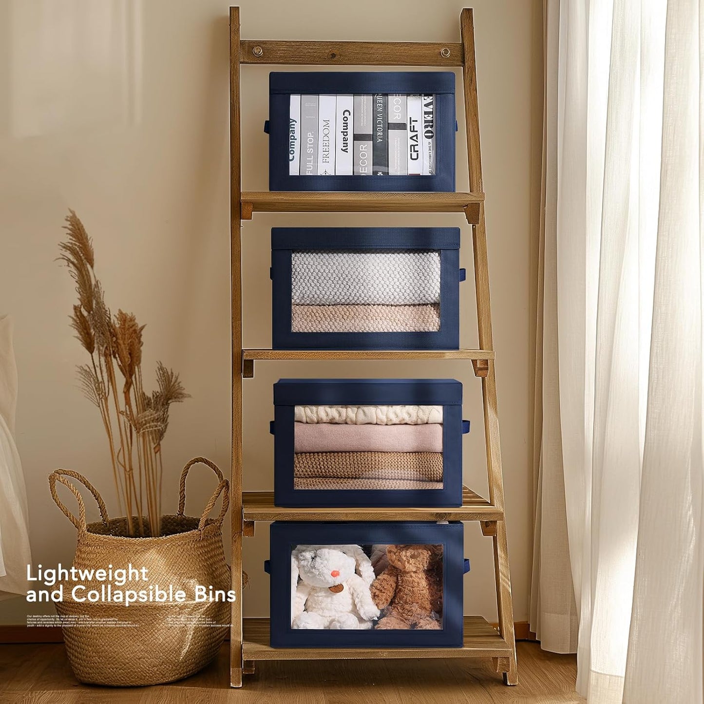 Organizing Bins with Lid - 4 Pack Foldable Clear Window Storage Bins, Large Storage Boxes with Handles, Storage Containers for Clothes, Towel, Blanket, Sheet, Navy Blue