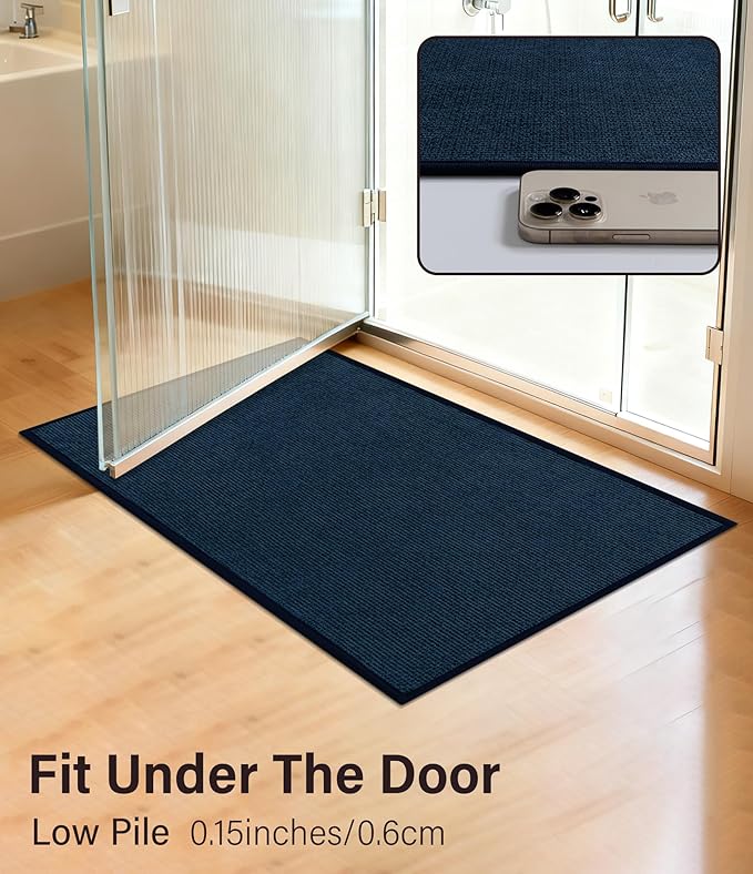 YIHOUSE Bathroom Rugs Mat Contour 16x24, Non Slip Quick Dry Bath Mats for Bathroom Absorbent Ultra Thin Bath Rugs Machine Washable Fit Under Door for Sink, Cabinet, Laundry (Dark Blue, 16"x24"-U)