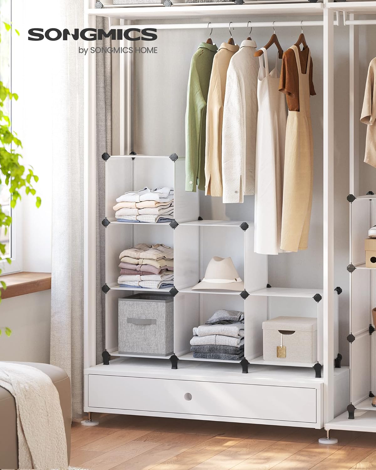 SONGMICS 6 Cube Storage Organizer, Modular Bookshelf, DIY Closet Organizers and Storage, Plastic Stackable Shelves, 14.6 x 13 x 13 Inch Cubes, with Feet and Rubber Mallet, White ULPC206W01