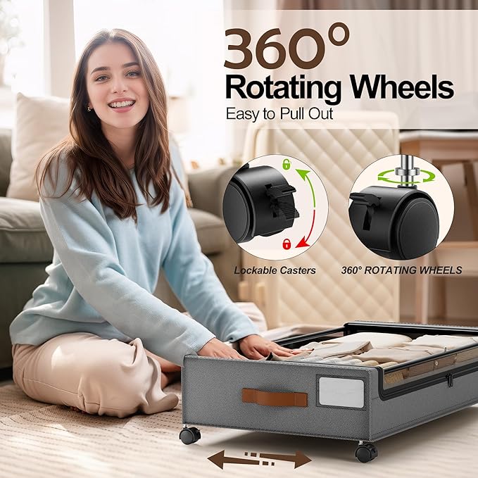 LAMU Under Bed Storage with Wheels 2 Pack, Under Bed Storage Containers with Clear Lid & PU Leather Handle, 6.7 Inches Height Rolling Underbed Drawer Organizer Bins for Clothes, Shoes, Blankets, Grey