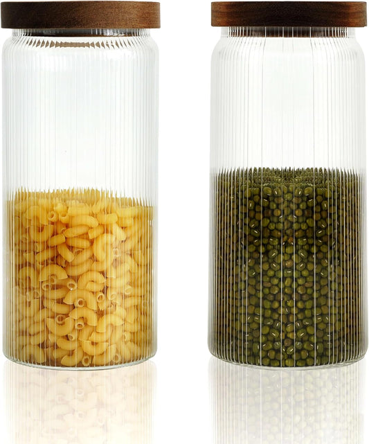 Ribbed Glass Storage Jars Set of 2 – Airtight Food Canisters with Wooden Lids, Stackable Kitchen Organizers for Coffee, Tea, Spices & Dry Goods (25.4oz)