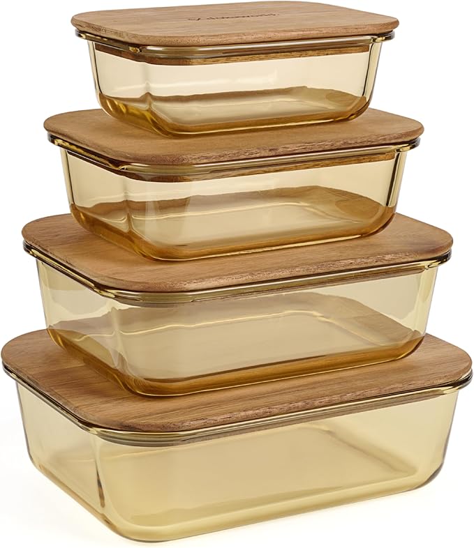 Natural Acacia Lids Set for Food Storage Glass Containers (4pcs) - Lids are compatible with all Glass Food Storage Containers Sets