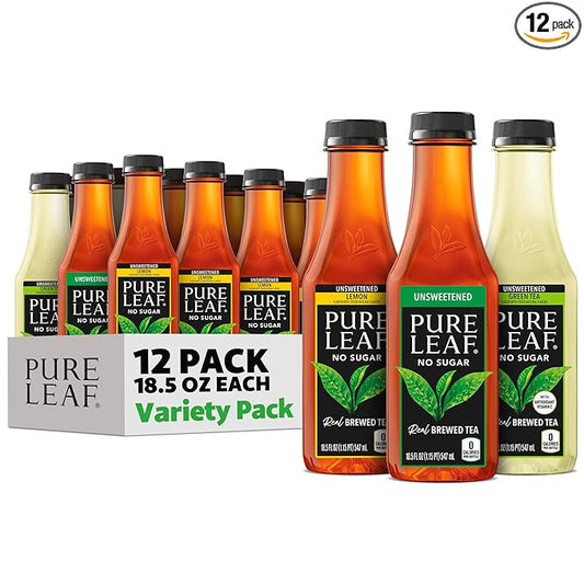 Pure Leaf Iced Tea, Unsweetened 3 Flavor Variety Pack, Zero Sugar & Zero Calories, 18.5 Fl Oz Bottles (Pack of 12)