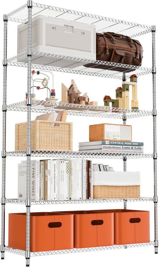 6 Tiers Shelf 2100 lbs Steel Storage Shelving Utility Shelving Unit Steel Organizer Wire Rack for Home,Kitchen,Office,Garage Chrome 17.7" D x 47.2" W x 82.4" H