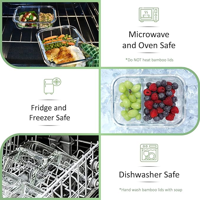 Glass Meal Prep Containers with Bamboo Lids, 2 Compartment Glass Bento Box Container Set (3 Pack) | 100% Plastic Free, Eco-Friendly, Lunch Containers with Lids Made of Bamboo - Set of 3