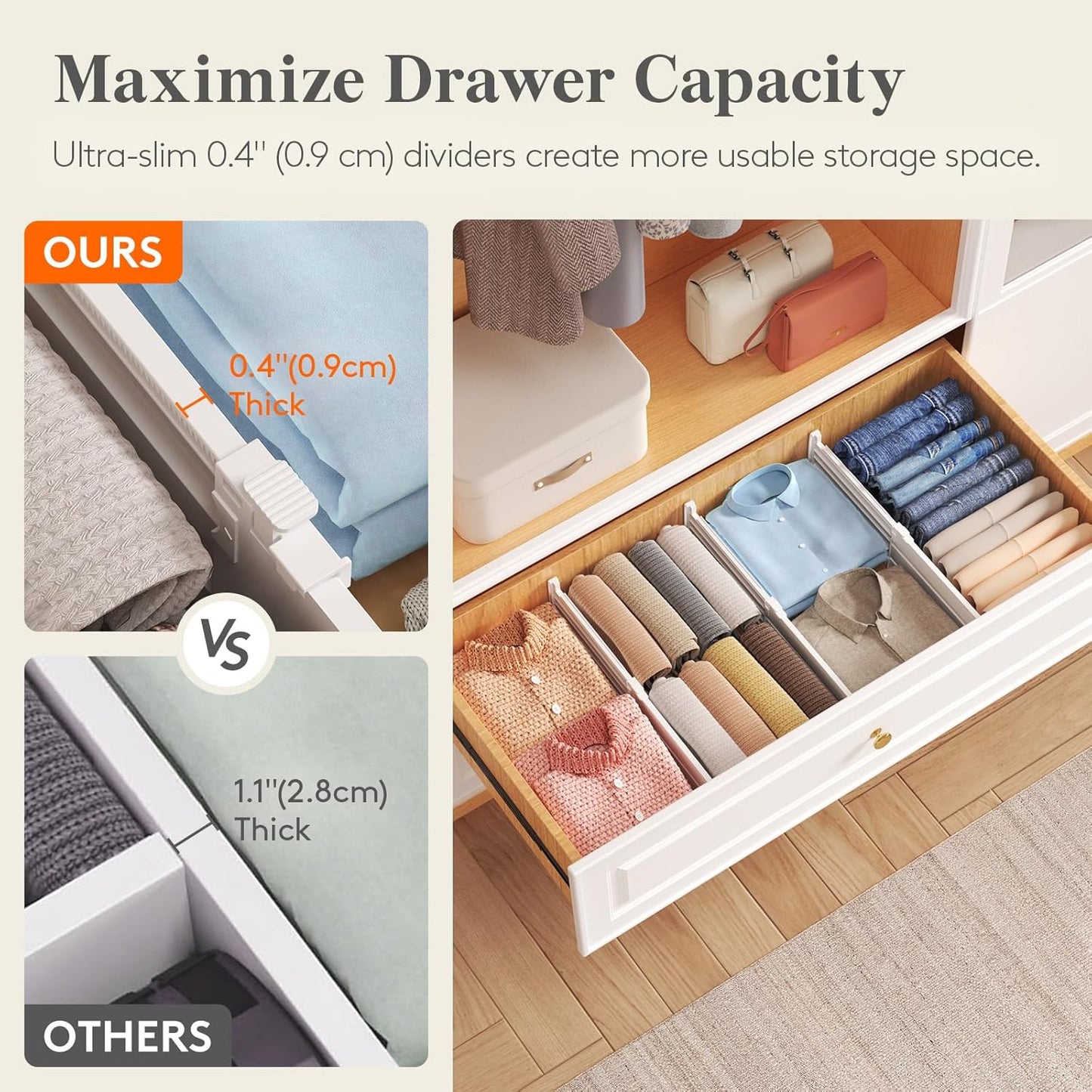Lifewit 5" Tall 5 Pack Deep Drawer Dividers, 11.5-18.5" Expandable Drawer Divider for Clothes, White Dresser Drawer Storage Organizers, Clothing Drawers Separators for Dresser, Kitchen, Bedroom