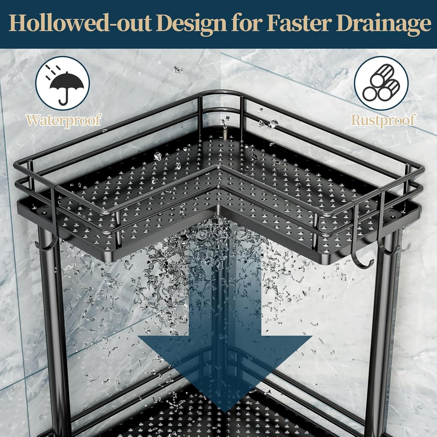 Consumest Corner Shower Caddy Standing - 4-Tier Stainless Steel Shower Organizer with Soap Holder and 4 Hooks, Large Capacity Corner Shelf Stand for Bathroom, Rest Room, Black