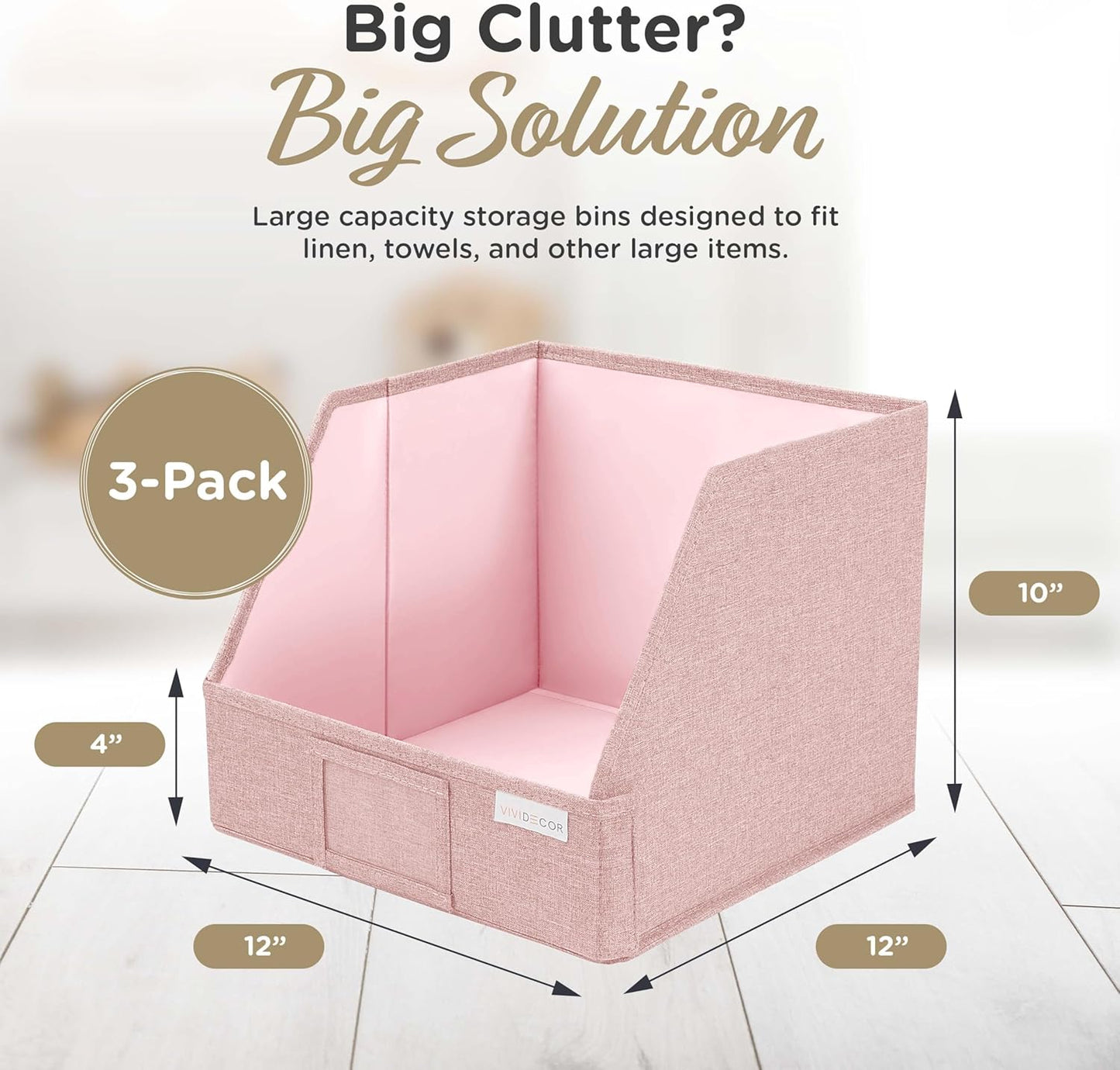 Closet Bins for Organization – 12x12x10 Foldable Boxes for Clothes, Fabric Trapezoid Storage Bins, Storage Baskets, Decorative Storage Baskets, Sweaters, Baby Clothes, Nursery– Pink, 3 Pack